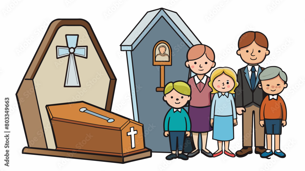 Poster a simple wooden coffin p at the front of a church surrounded by a few close family members with hymn