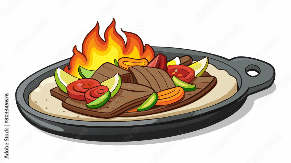 Poster a sizzling plate of fajitas is brought to the table filled with slices of tender marinated beef cris