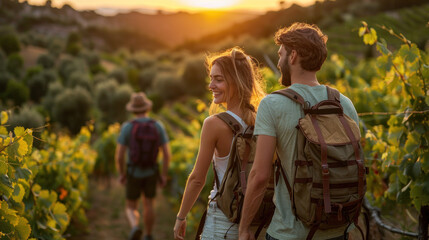 Young couple hiking on beautiful vineyard