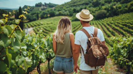 Young couple hiking on beautiful vineyard