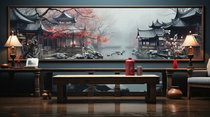 Chinese style architecture painting with cherry blossom