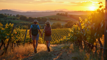 Young couple exploring beautiful vineyard at sunset
