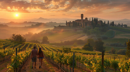 Young couple exploring beautiful vineyard at sunset