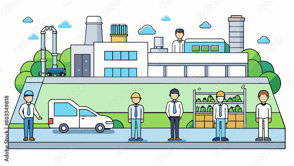 Poster a sleek and modern factory surrounded by manicured gardens and a large parking lot where employees d