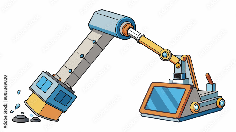 Poster A sleek automated device with a long arm and a sharp pointed tip at the end. The arm moves up and down piercing and breaking apart large items like. Cartoon Vector