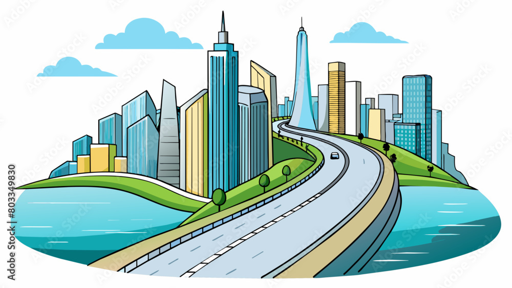 Poster a sleek modern highway lined with towering skyscrs on one side and a bustling waterfront on the othe
