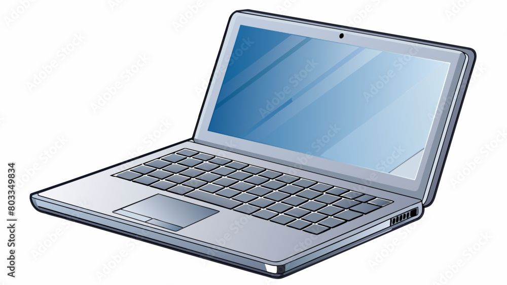 Poster a sleek silver laptop with a smooth glossy finish and a compact design. it is lightweight and perfec
