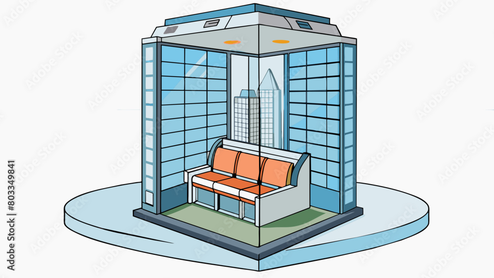 Poster a sleek ultramodern glass elevator with transparent walls. it glides up the side of a skyscr offerin