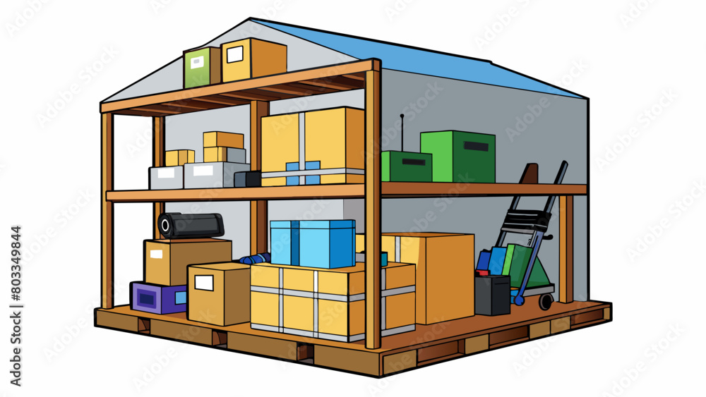 Poster a small compact warehouse with stacked wooden pallets and shelves packed tight with household items 
