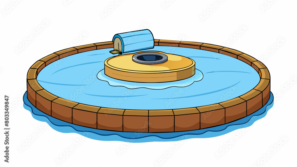 Poster A small circular platform floating in a pool of water. Made of light buoyant material it allows people to rest or pose for photos while in the water.. Cartoon Vector