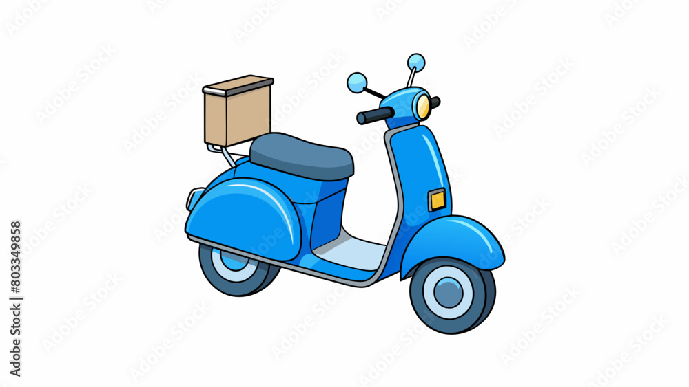 Poster a small blue scooter with two wheels and a storage compartment under the seat. it has a curved front