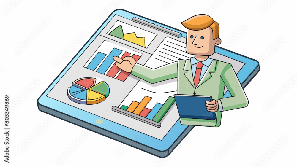 Aufkleber A small handheld tablet rests in the palm of a persons hand its screen displaying various data and graphs. The persons finger scrolls across the. Cartoon Vector