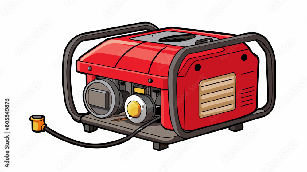 Poster A small gasolinepowered generator with its red metal casing and handle for easy transport sits in the corner of a garage. Its main feature is the pull. Cartoon Vector