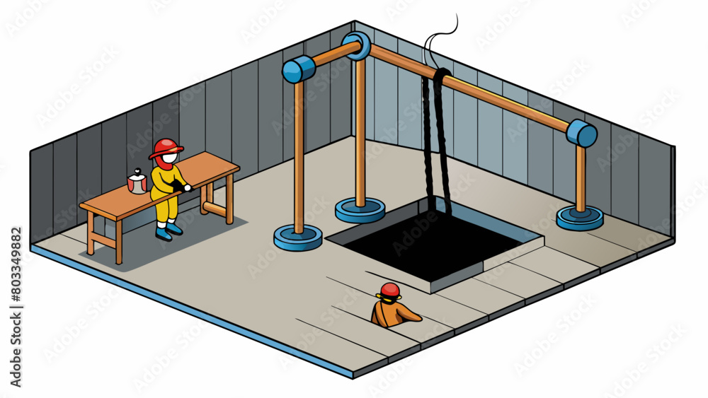Poster A small dark room with low hanging pipes and wires requiring workers to crouch or crawl to move around.. Cartoon Vector