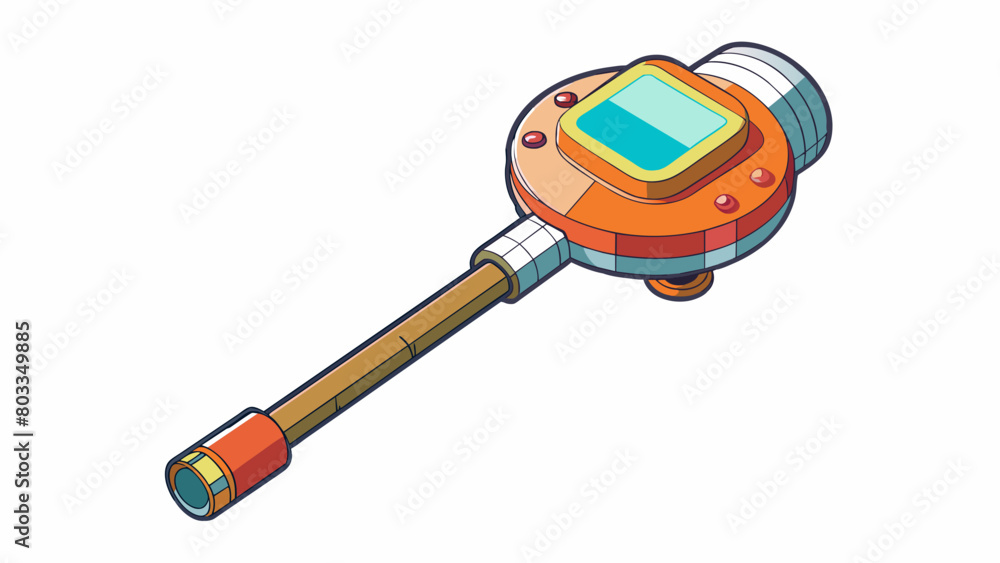 Poster A small handheld device with a flat circular head and a long handle. When pushed down the head can exert a great amount of force due to its hydraulic. Cartoon Vector