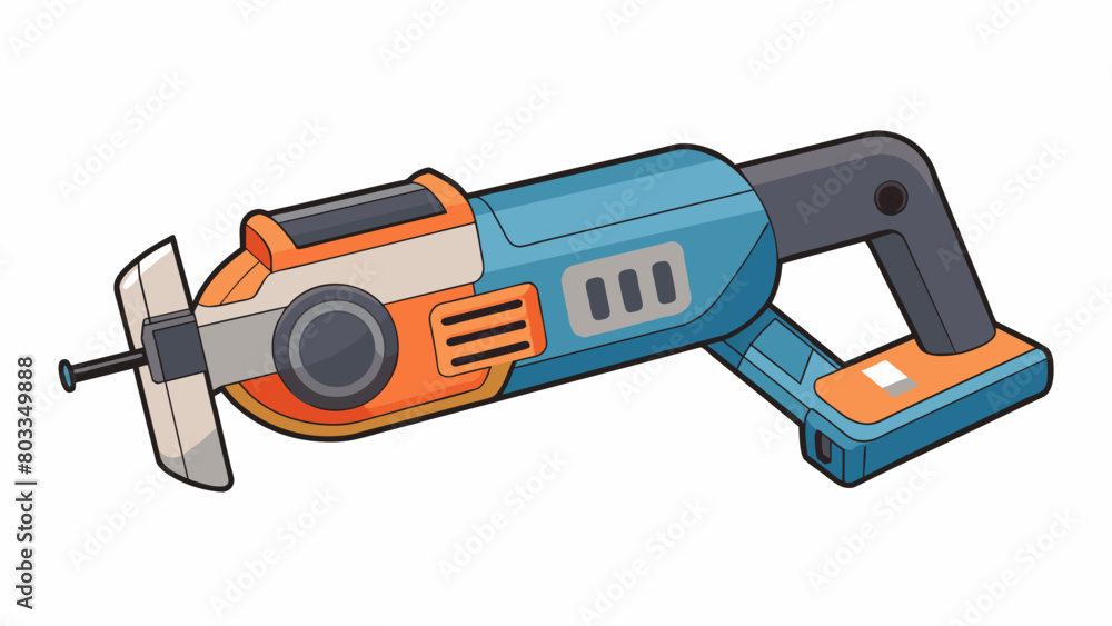 Poster A small handheld machine with a sharp oscillating blade used for ting and shaping metal materials. It has a rechargeable battery and a safety switch. Cartoon Vector