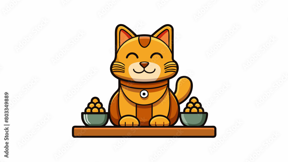 Poster a small intricately carved wooden figurine of a smiling cat with its paws raised in a gesture of tha