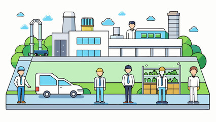 A sleek and modern factory surrounded by manicured gardens and a large parking lot where employees dressed in professional attire are seen working at. Cartoon Vector