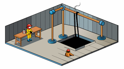 A small dark room with low hanging pipes and wires requiring workers to crouch or crawl to move around.. Cartoon Vector