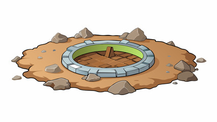 A small manhole in the ground surrounded by unstable dirt and rocks leading down to a narrow cramped space.. Cartoon Vector