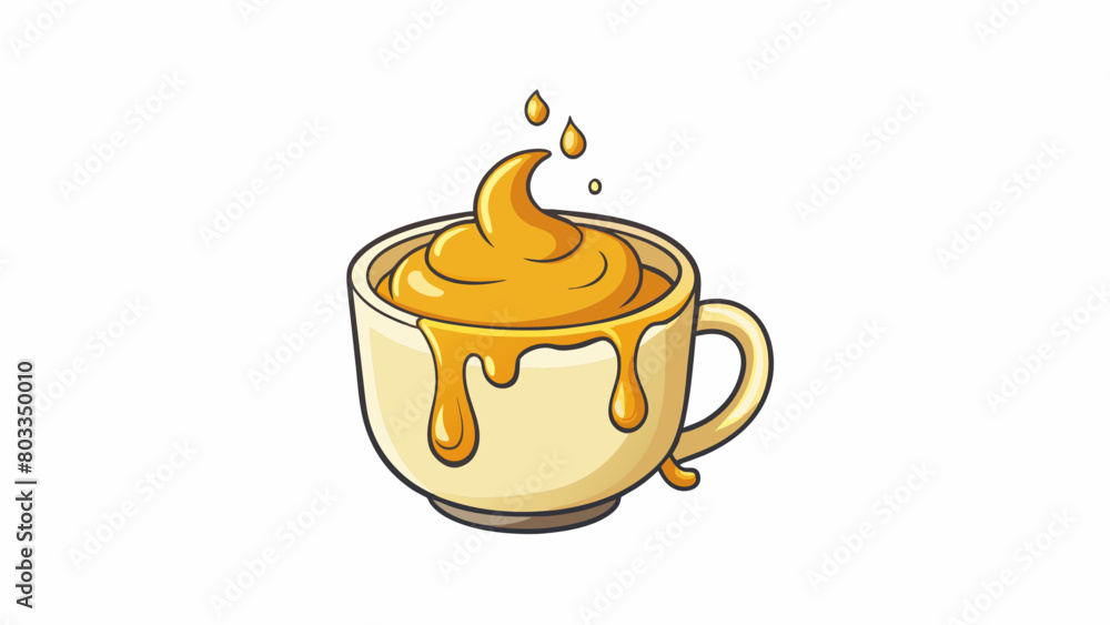 Poster a small white cup is filled with a liquid that resembles liquid gold the steam rising from it creati