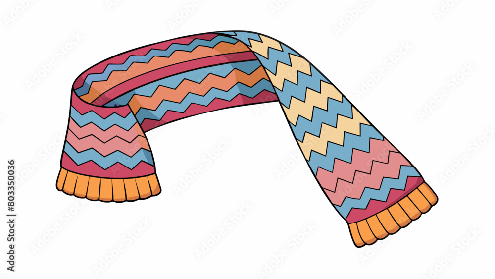 Poster A soft knitted scarf with a zigzag pattern in multiple colors. It is long enough to wrap around ones neck twice and has fringed ends for added. Cartoon Vector