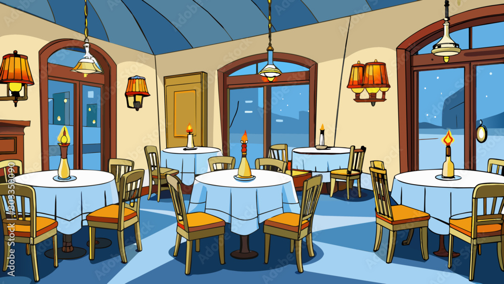 Poster a sophisticated french bistro with linencovered tables and flickering candle light. the walls are ad