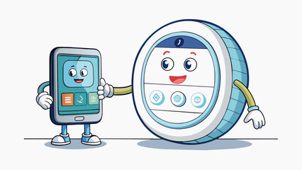 Naklejka premium A smart thermostat that automatically adjusts the temperature in a house based on preset preferences and external conditions. It has a digital display. Cartoon Vector