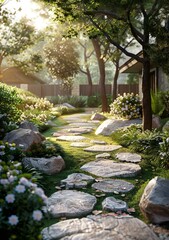 A beautiful garden with a stone path, trees, and flowers