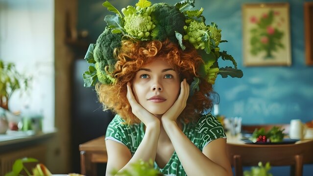 Stylish woman with broccoli head at a brunch artistic and unique . Concept Artistic Photoshoot, Unique Concept, Creative Portraits, Stylish Fashion, Brunch Setting