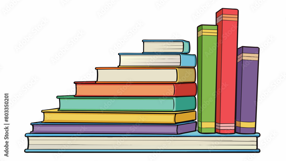 Poster A stack of books with varying sizes and titles all neatly arranged in ascending order by height. The books have diverse genres and themes but share a. Cartoon Vector