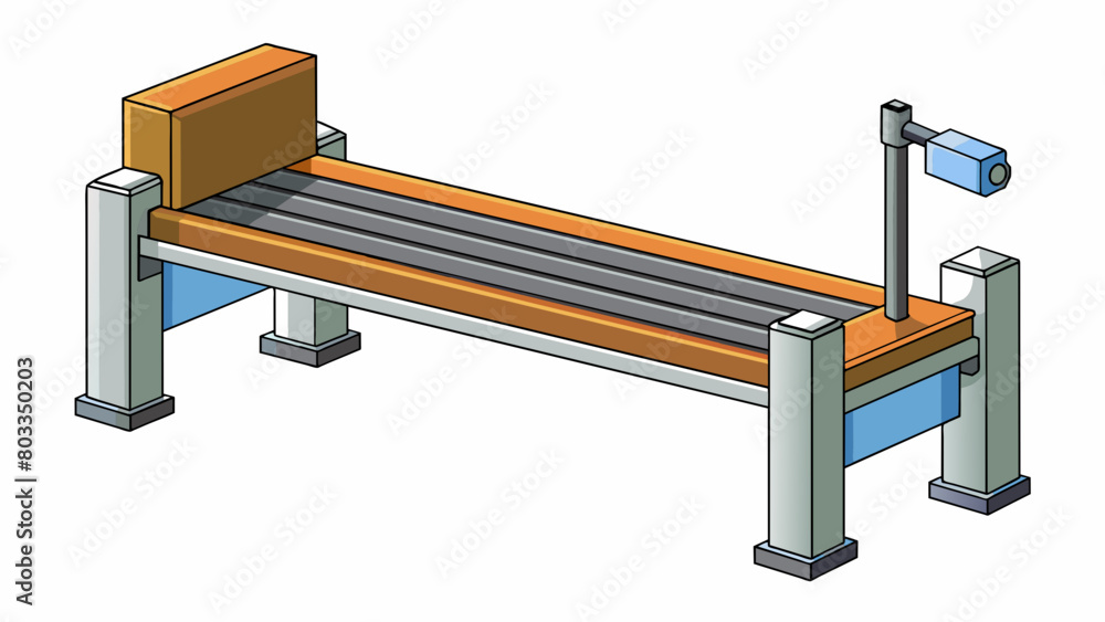 Poster a steel bench with a heavy rectangular frame and a small narrow opening in the center. a hydraulic c