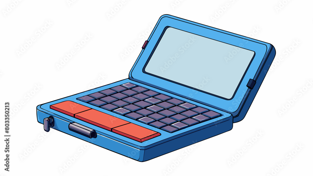 Aufkleber A square device with a small screen and a compact keyboard attached. The screen can be flipped up to reveal the keyboard for typing. The device is. Cartoon Vector