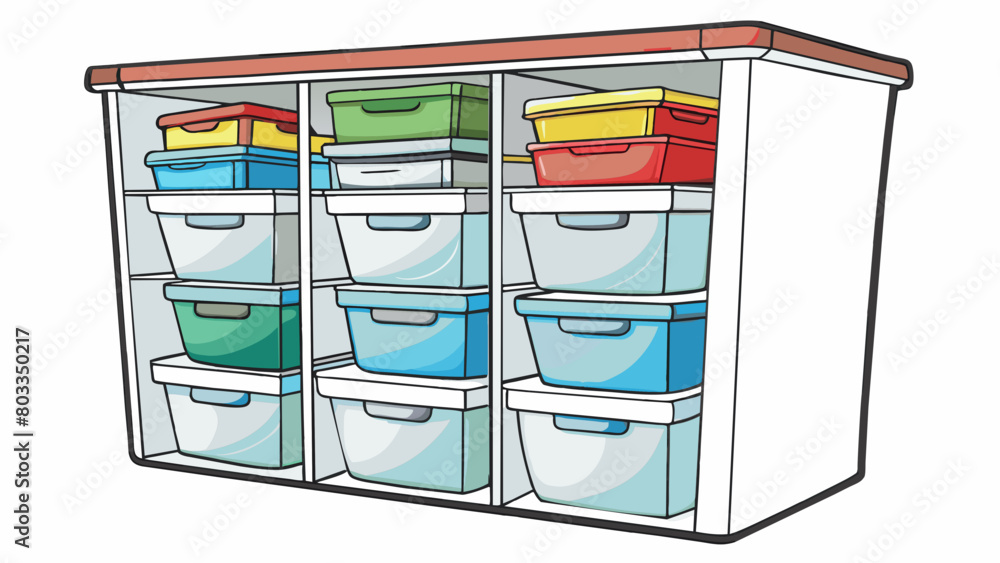 Poster A stack of clear plastic storage bins with snapon lids neatly arranged in a closet. Each bin is labeled with its contents and can easily be stacked or. Cartoon Vector