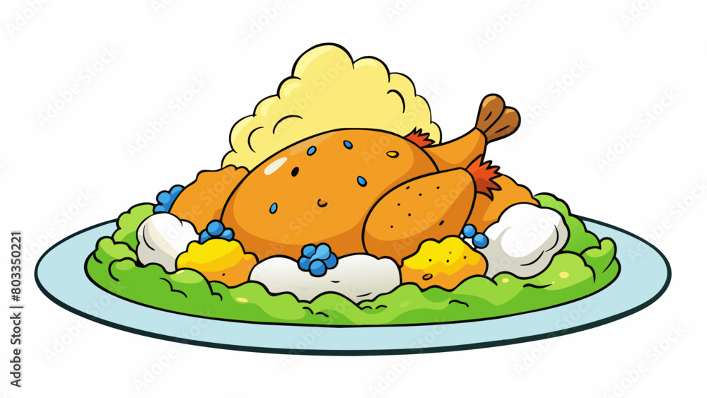 Poster a steaming goldenbrown roasted chicken sits atop a bed of fluffy mashed potatoes surrounded by a var