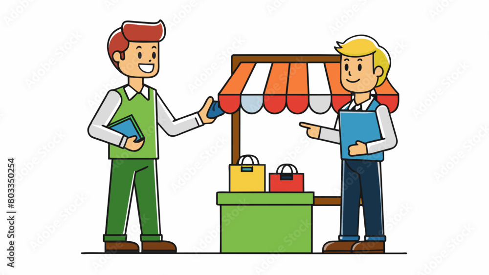 Poster A store owner holding up different items to a customer trying to find a mutually agreeable price for a product that satisfies both their needs.. Cartoon Vector