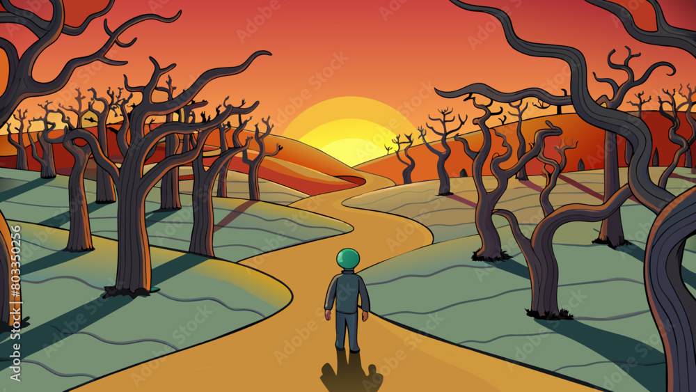 Poster as the sun sets over the rolling hills a lone figure makes their way through a dark and winding fore