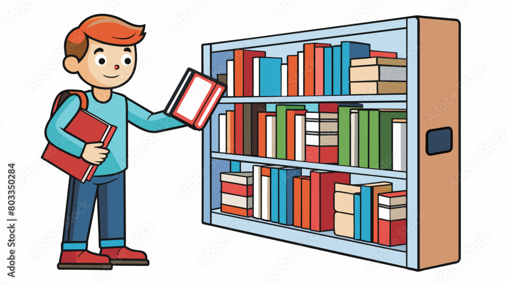 Poster A student scans through different books in the library looking for one with clear illustrations easytoread font and relevant information for their. Cartoon Vector