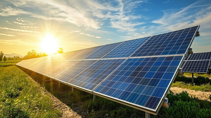 Park of solar batteries, renewable green energy concept