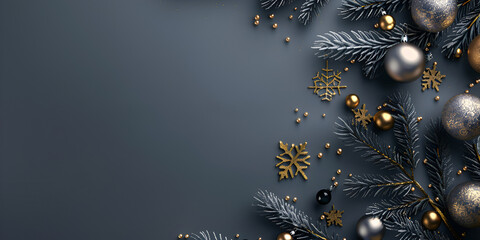 Dark blue christmas background with golden gifts christmas balls and stars Elegant Christmas background with shiny decorations, black background with New Year decoration