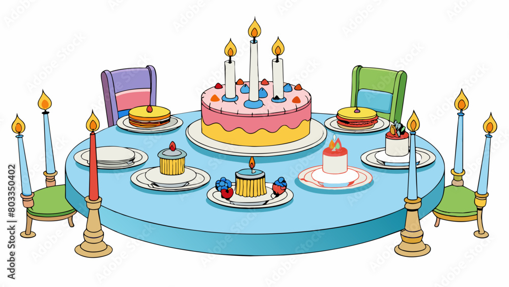 Poster a table set with plates and silverware adorned with decorative centerpieces and a cake with lit cand