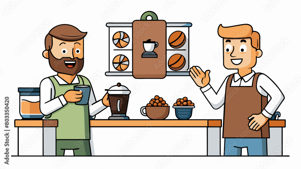 Poster at a bustling coffee shop a barista enthusiastically explains the flavor profiles of different beans