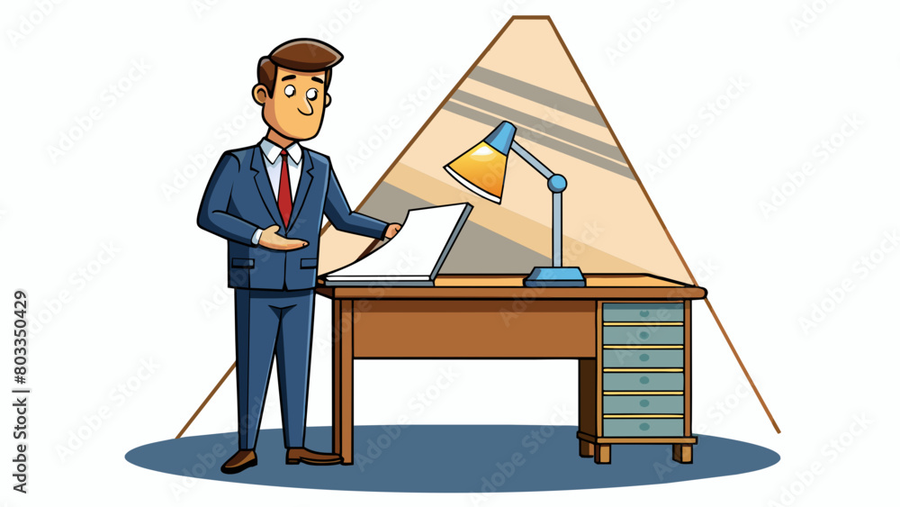 Poster a tall dark wooden desk sits in the corner of the office its polished surface gleaming under the bri
