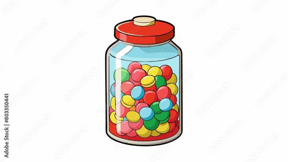 Wall mural A tall hexagonal glass jar with a metal screwon lid filled with a mix of colorful candies. The jar has a vintage feel with a bright red label. Cartoon Vector