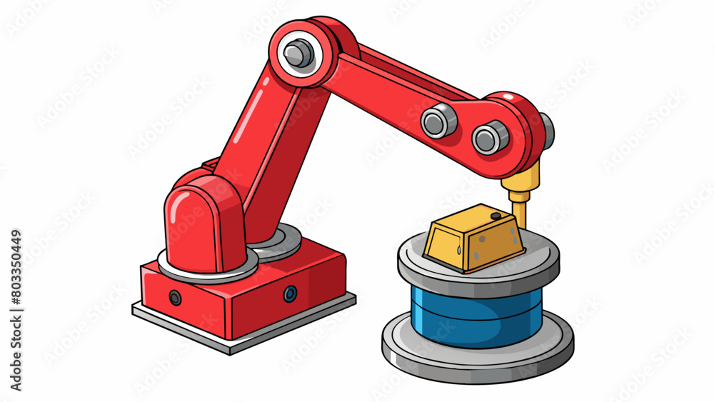 Poster a sy red robotic arm with a suction cup at the end carefully lifting heavy pieces of metal and placi