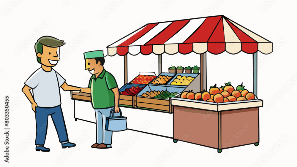 Poster at a busy street market a shopper intently looks at each item on display carefully examining its qua