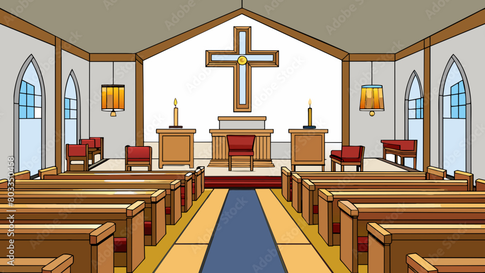 Aufkleber as you enter the church you are greeted by rows of pews leading towards a raised platform. on the pl