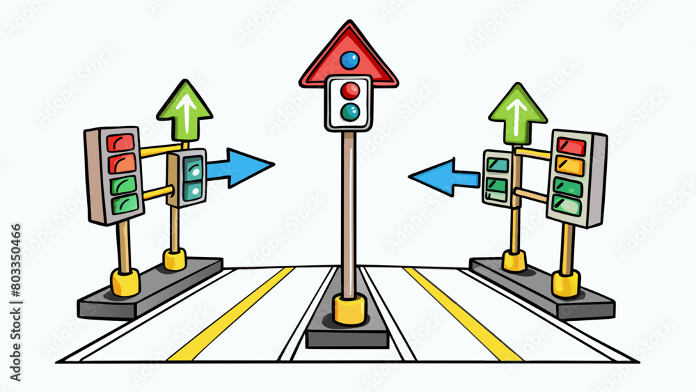 Poster At a busy intersection the traffic signals have clear priority with bold arrows and numbers indicating which direction has the right of way.. Cartoon Vector