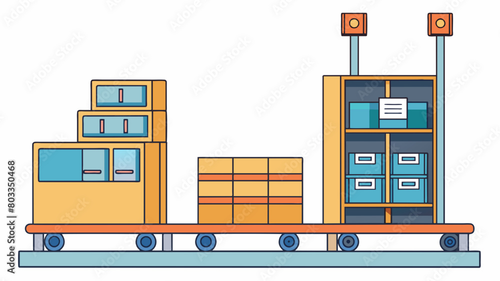 Poster A tall sleek machine with multiple levels and compartments used for sorting and packaging items in a warehouse. It has a touch screen interface for. Cartoon Vector