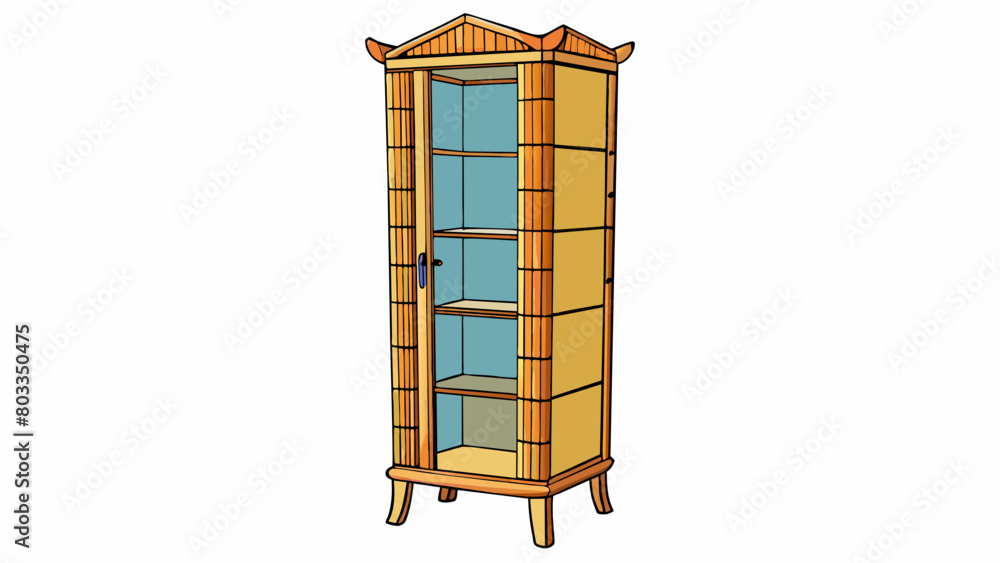 Poster a tall narrow cabinet made of bamboo with open shelves on one side and a closed door on the other. i
